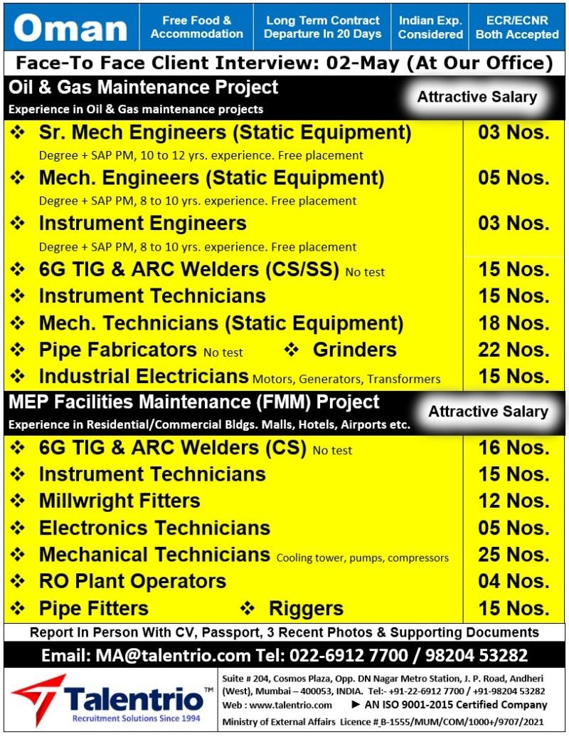 Oman : Hiring for an Oil & Gas Maintenance and MEP Facilities Maintenance Project