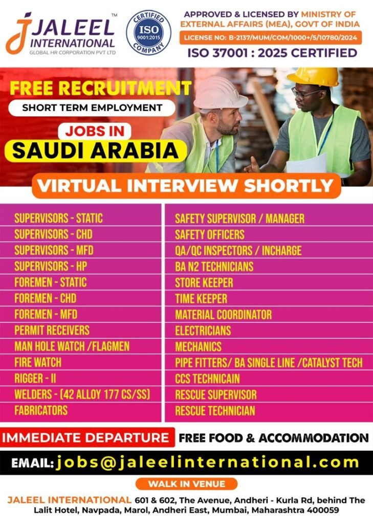 Saudi Arabia Shutdown Jobs 2026: Free Recruitment for Supervisors, Welders & Technicians | Virtual Interview