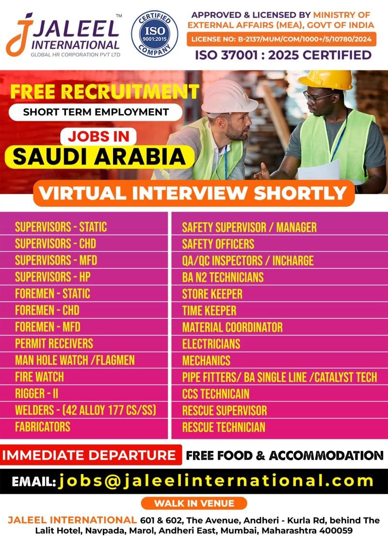 Saudi Arabia Shutdown Jobs 2026: Free Recruitment for Supervisors, Welders & Technicians | Virtual Interview