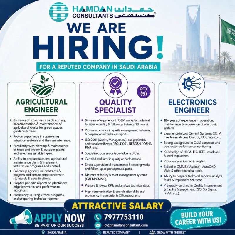 Saudi Arabia Jobs 2026: Hiring Agricultural, Quality & Electronics Engineers | Apply Now