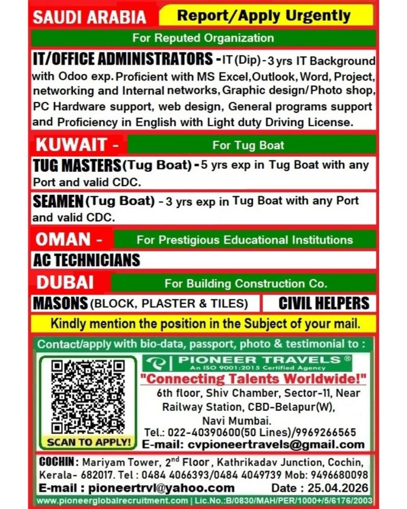 Hiring For Saudi Arabia, Kuwait, Oman & Dubai