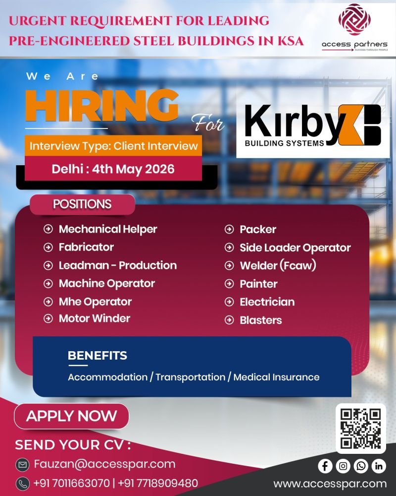 Hiring for Kirby Group Engineering Saudi Arabia leading pre-engineered steel buildings