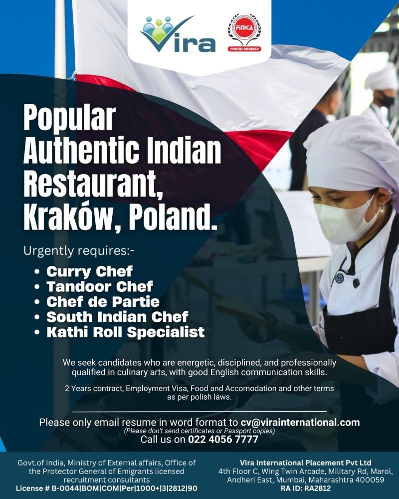 Poland : Urgently hiring for a Popular Authentic Indian Restaurant in Kraków