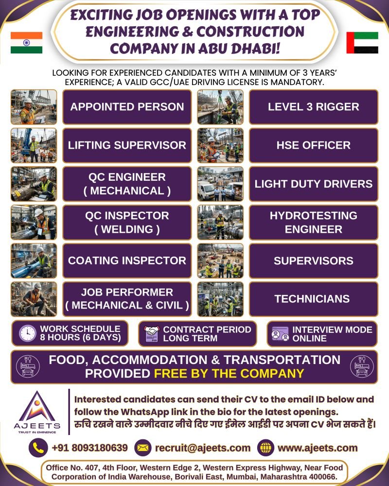 Engineering & Construction Jobs in Abu Dhabi – Apply for Multiple Vacancies