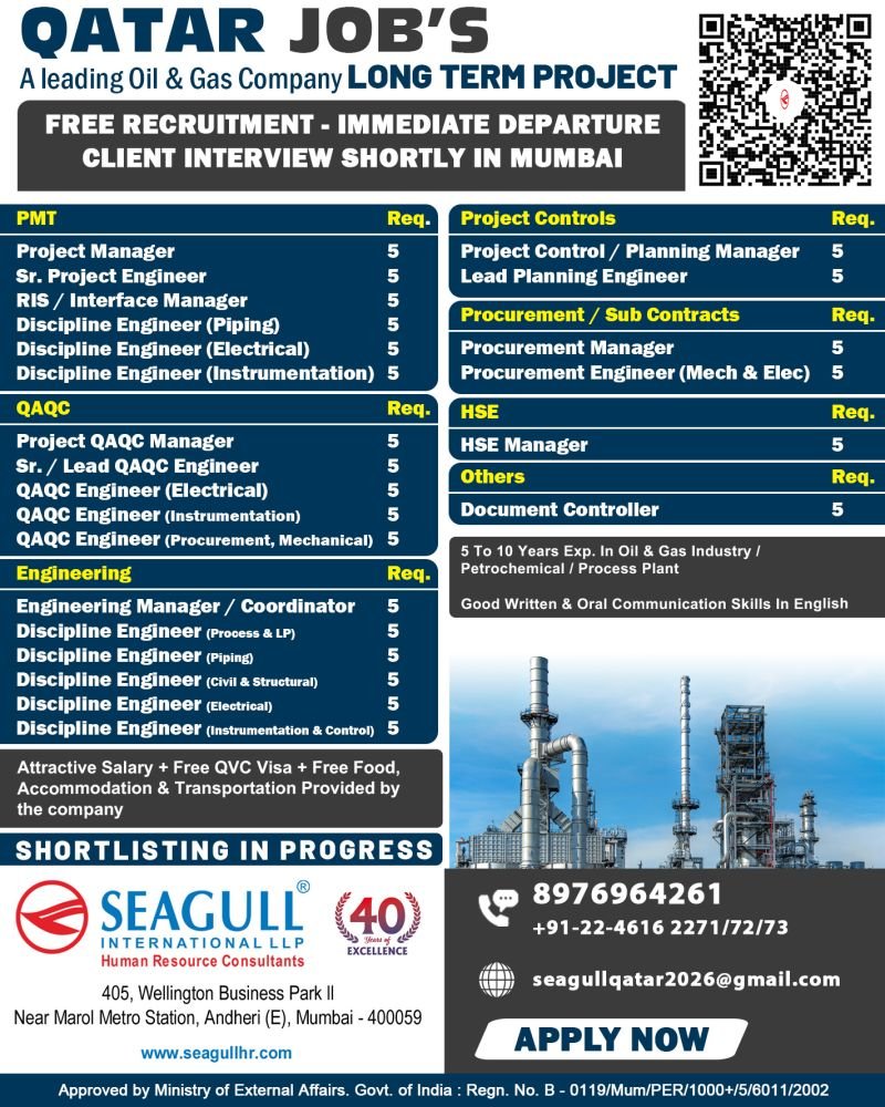 Qatar Oil & Gas Jobs 2026 – Long Term Project | Free Recruitment | Apply Now