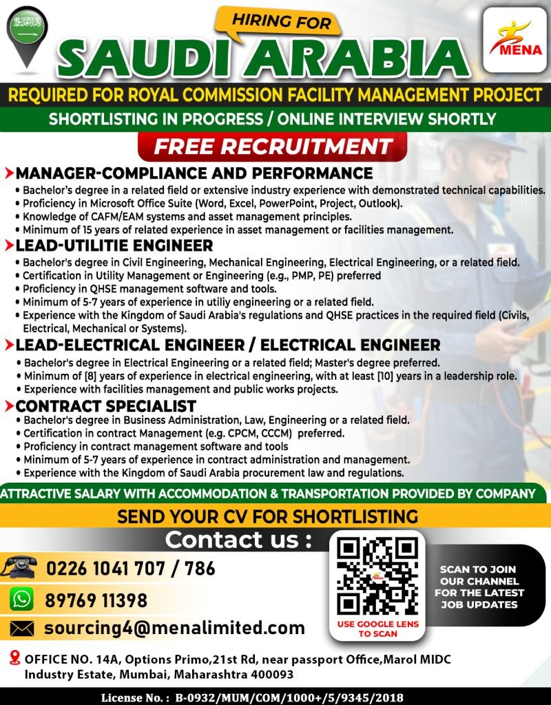 Saudi Arabia : Hiring For Royal Commission Facility Management Project – FREE Recruitment