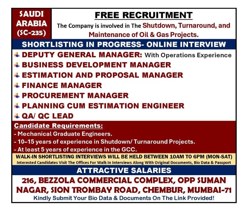 Saudi Arabia Oil & Gas Jobs 2026 – Free Recruitment | Shutdown & Turnaround Projects