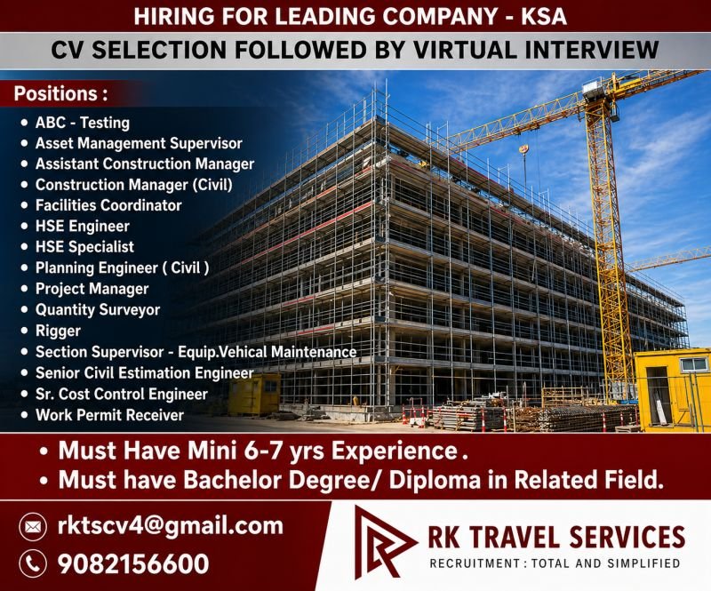 Saudi Arabia Construction & Engineering Jobs 2026 – Multiple Vacancies | Virtual Interview | Apply Now