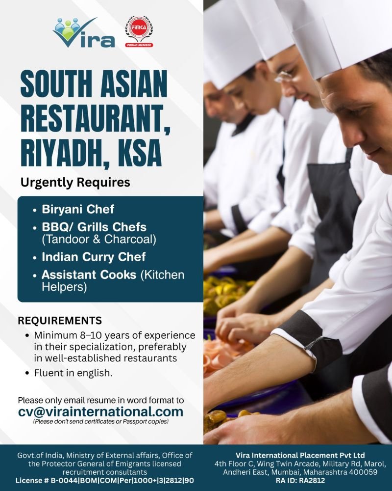 Saudi Arabia : Hiring For A prestigious South Asian Restaurant in Riyadh
