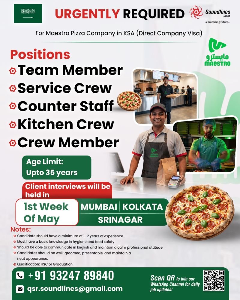 Saudi Arabia : Hiring For Maestro Pizza Company (Direct Company Visa)
