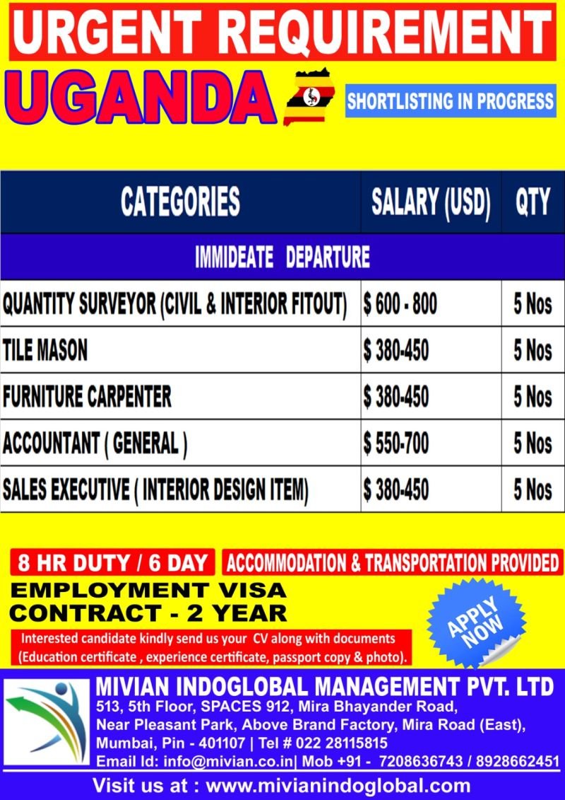 Uganda Jobs 2026 – Immediate Hiring | Construction, Interior & Sales Roles | Apply Now