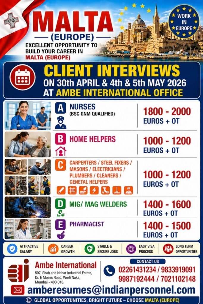 Malta Jobs 2026 – Europe Hiring | Nurses, Helpers, Welders & More 