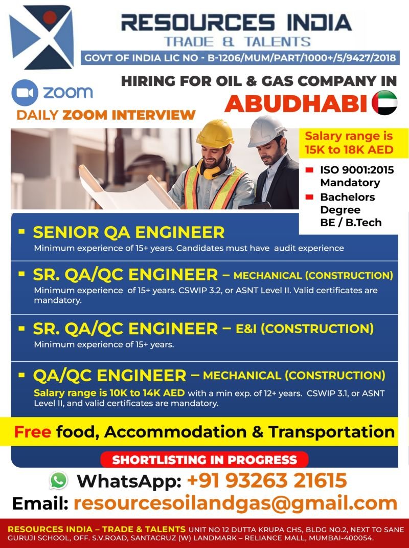 UAE Oil & Gas Jobs 2026 – Engineers Hiring | Daily Zoom Interview