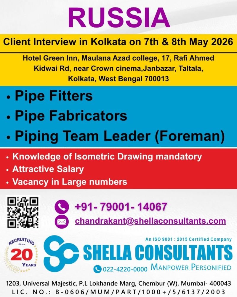Russia Jobs 2026 – Pipe Fitters, Fabricators & Foreman Vacancies | Client Interview in Kolkata