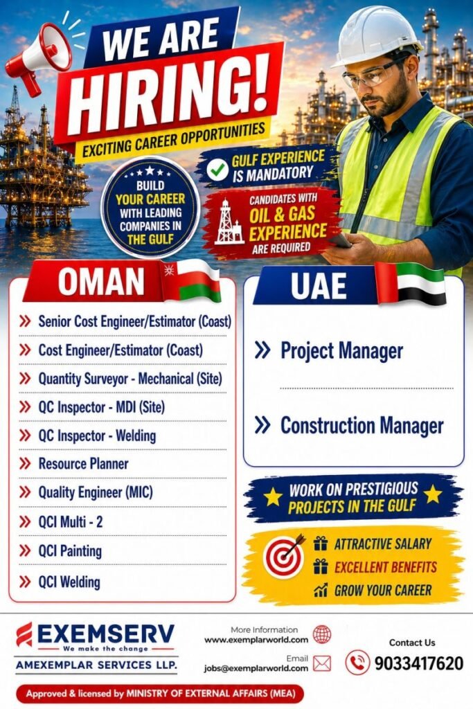 Oman & UAE Hiring | Engineers, QC Inspectors & Managers Required