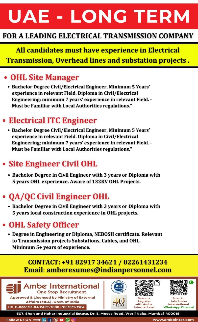 UAE Electrical Transmission Jobs 2026 – Long-Term Project | Engineers & Safety Roles Hiring