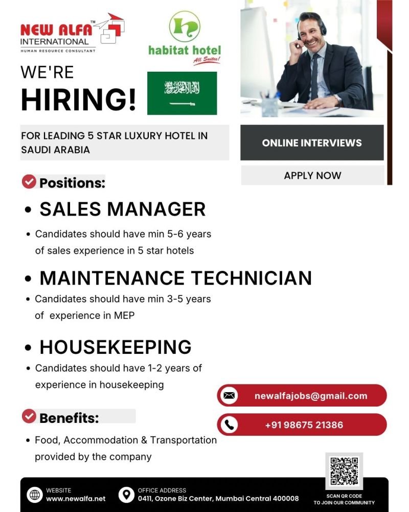 Saudi Arabia Hotel Jobs 2026 – Hiring for 5-Star Luxury Hotel | Online Interview