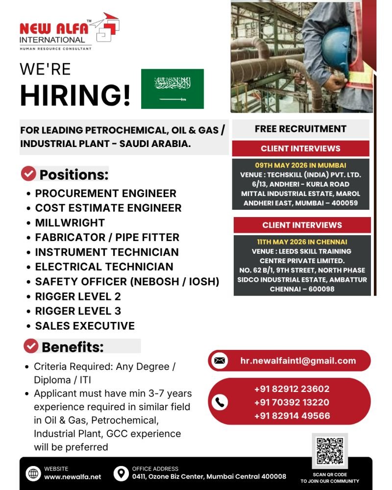 Saudi Arabia Jobs 2026 – Free Recruitment | Engineers, Technicians & Riggers Hiring