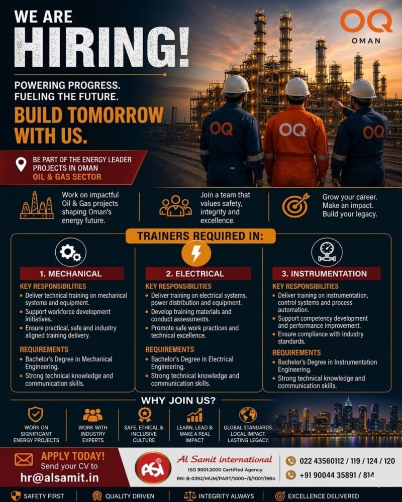 Hiring Technical Trainers for prestigious OQ Projects in Oman's thriving Oil & Gas sector.