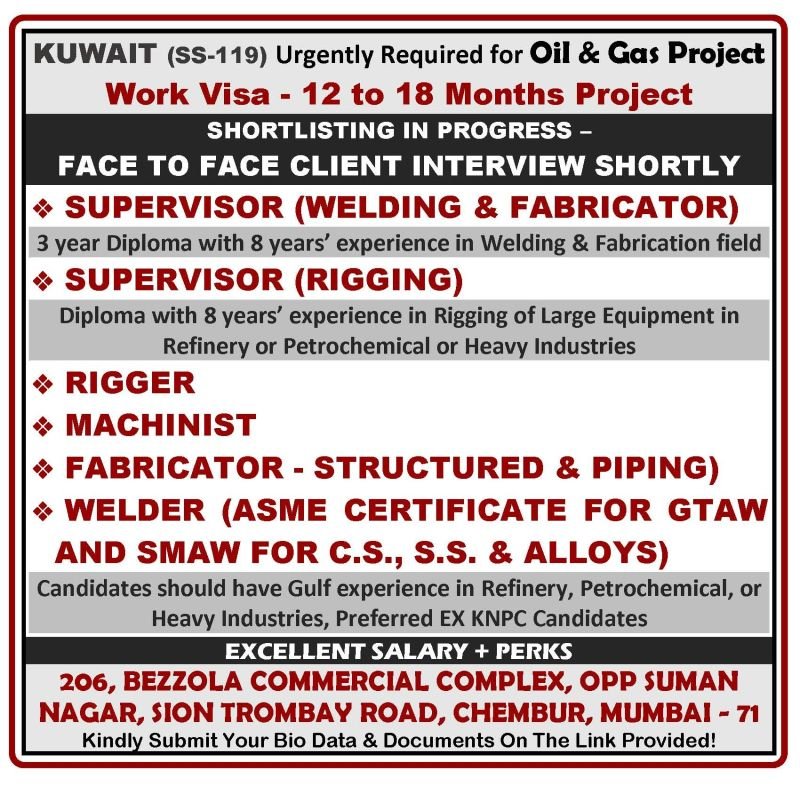 Kuwait Jobs 2026 – Urgently hiring for a 12 to 18 months project