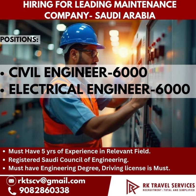Hiring Civil & Electrical Engineer For Saudi Arabia