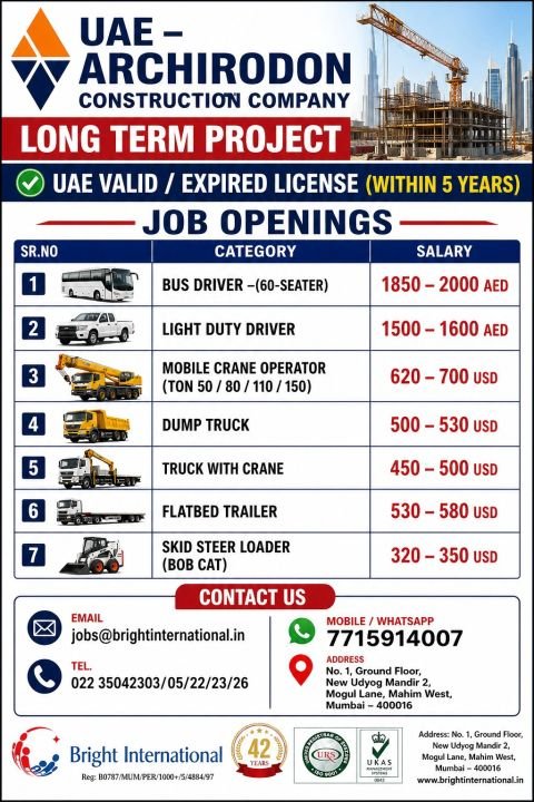 UAE Jobs 2026: Archirodon Construction Hiring Drivers & Operators for Long-Term Project