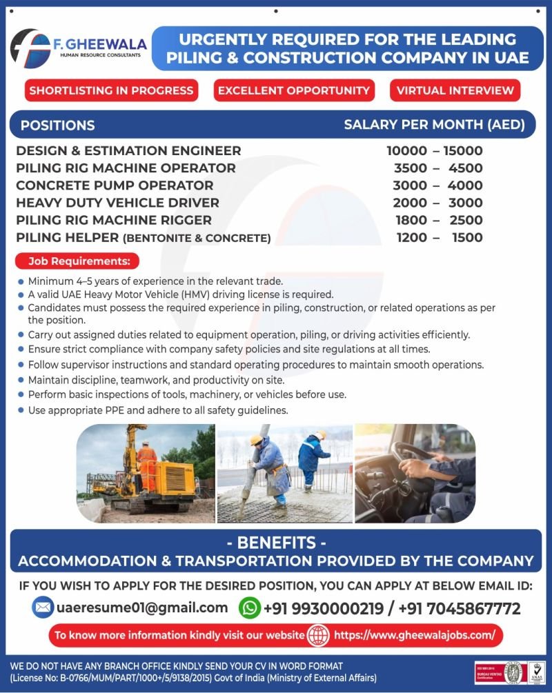 UAE Jobs 2026: Hiring for Piling & Construction Company – Engineers, Operators & Drivers Needed