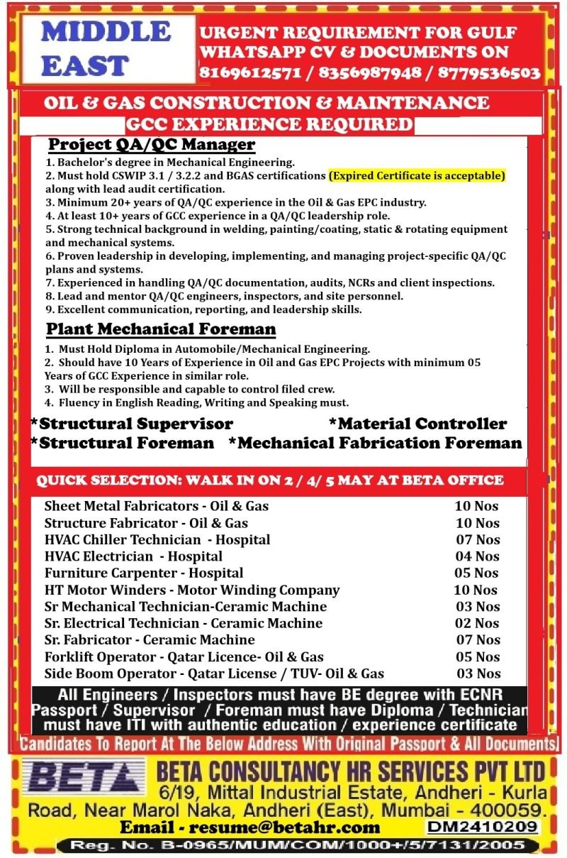 Middle East - Oil & Gas Construction Jobs - Apply Now