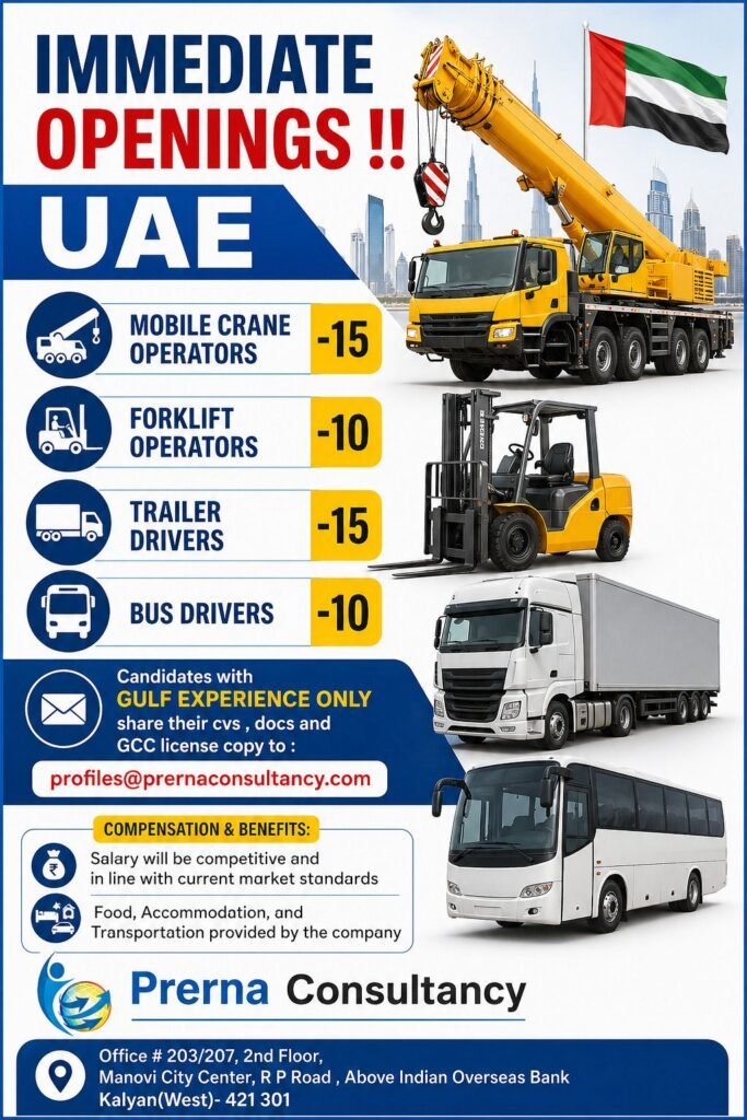 UAE Jobs 2026: Immediate Openings for Crane Operators, Drivers & Forklift Operators