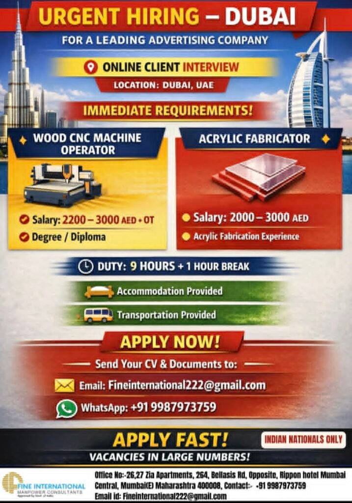 Dubai Jobs 2026 – CNC Machine Operator & Acrylic Fabricator Vacancies | Apply Online