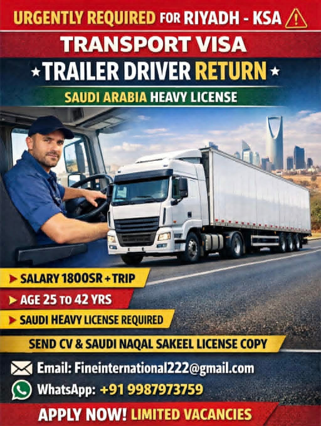 Trailer Driver Jobs in Saudi Arabia 2026 – Transport Visa | Urgently Hiring for Riyadh