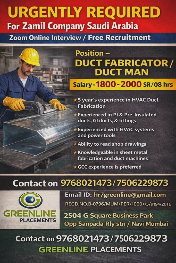 Saudi Arabia Jobs 2026 – Duct Fabricator / Duct Man Jobs | Salary 2000 SR | Free Recruitment Saudi Arabia Jobs 2026 – Duct Fabricator / Duct Man Jobs | Salary 2000 SR | Free Recruitment