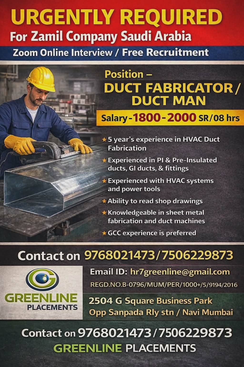 Saudi Arabia Jobs 2026 – Duct Fabricator / Duct Man Jobs | Salary 2000 SR | Free Recruitment