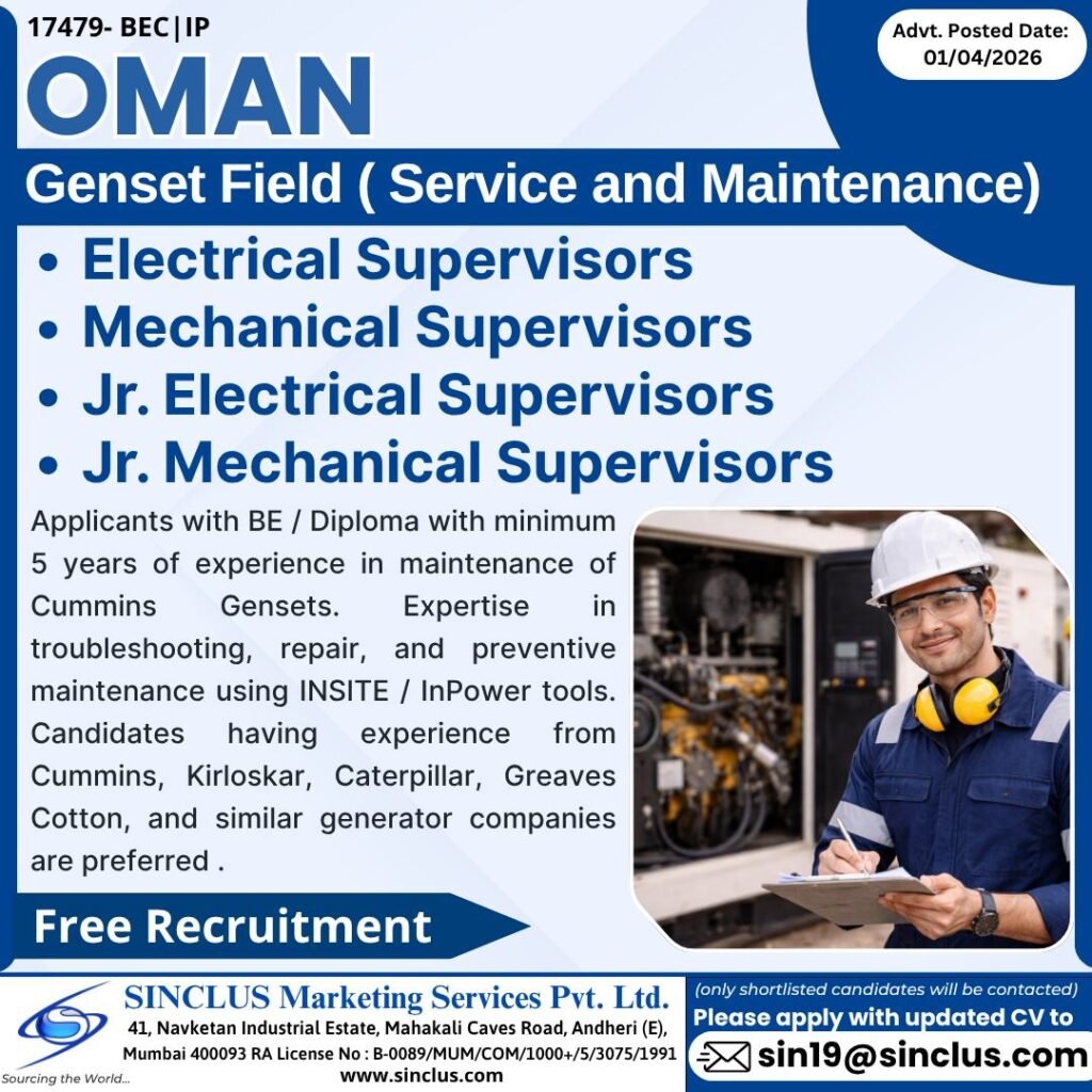 Genset Jobs in Oman | Free Recruitment - Apply Now
