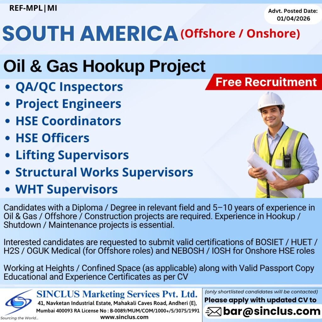 Oil & Gas Hookup Project Jobs in South America (Offshore & Onshore) – Free Recruitment