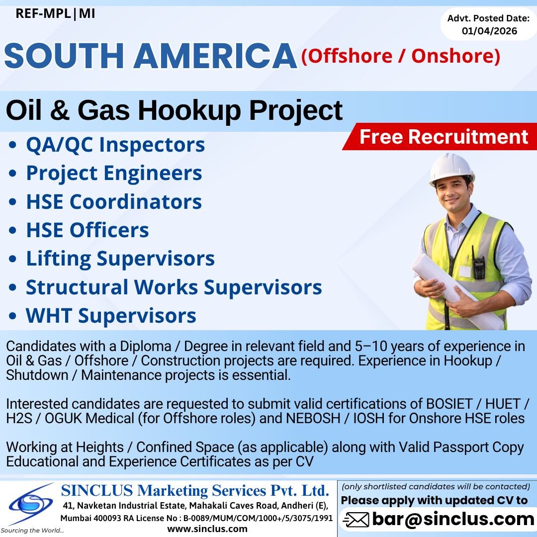 Oil & Gas Hookup Project Jobs in South America (Offshore & Onshore) – Free Recruitment