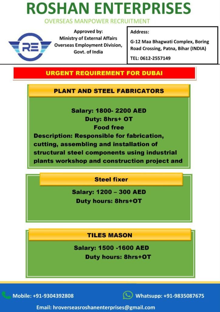 Jobs in Dubai – Steel Fabricators, Steel Fixer & Tiles Mason | Apply Now