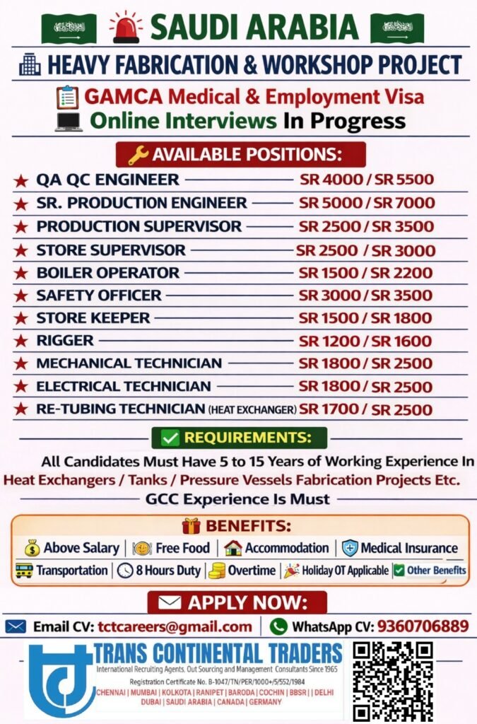 Saudi Arabia Heavy Fabrication Jobs 2026 – Engineers, Technicians, Supervisors Hiring | Apply Online Saudi Arabia Heavy Fabrication Jobs 2026 – Engineers, Technicians, Supervisors Hiring | Apply Online