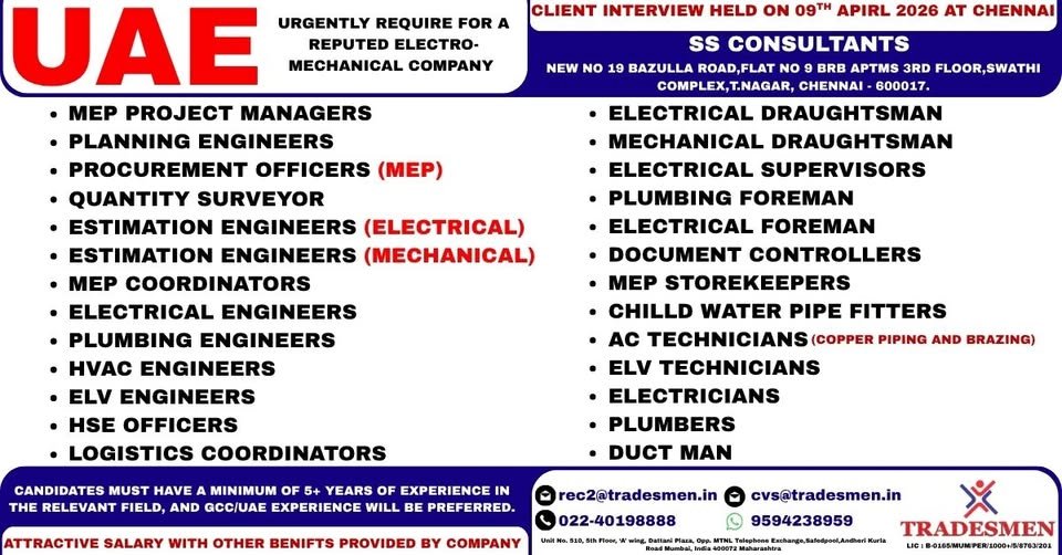 UAE MEP Jobs 2026 – Urgent Recruitment for Electro-Mechanical Company