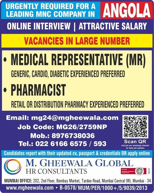 Medical Representative & Pharmacist Jobs in Angola – MNC Company Hiring | Apply Online