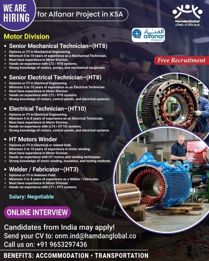 hiring for Alfanar Project in Saudi Arabia