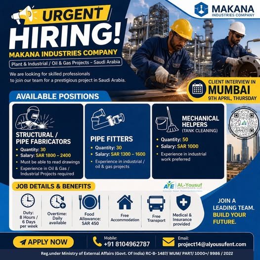 Urgent Hiring – Makana Industries Company (Saudi Arabia) - Plant & Industrial / Oil & Gas Projects Urgent Hiring – Makana Industries Company (Saudi Arabia) - Plant & Industrial / Oil & Gas Projects