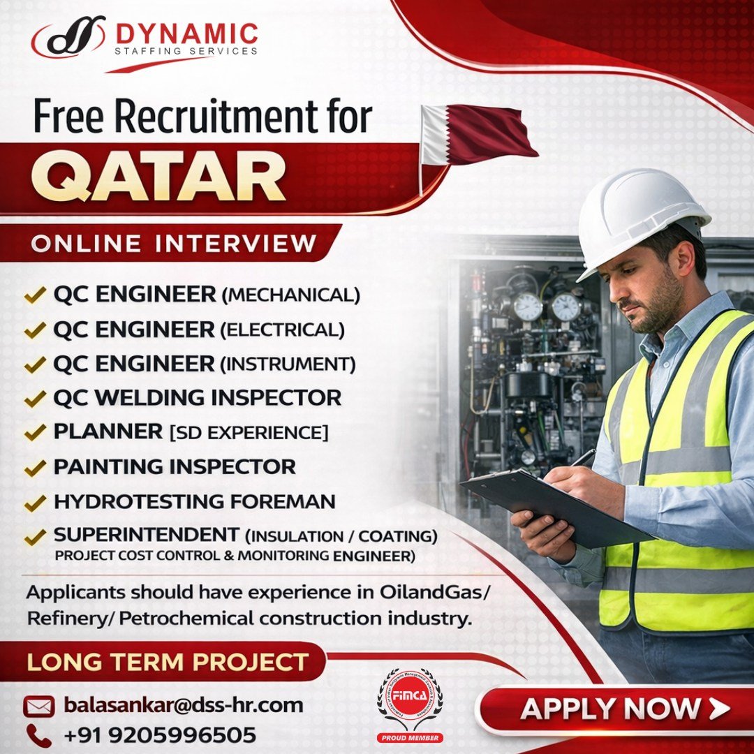 Qatar Oil & Gas Jobs 2026 – QC Engineers, Inspectors & Planner | Free Recruitment