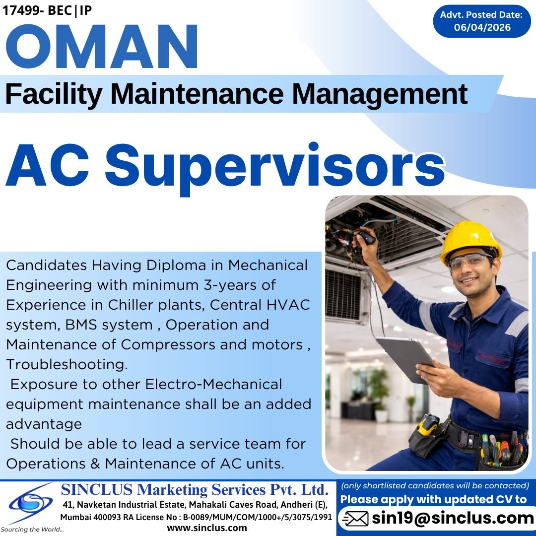 Oman - Hiring AC Supervisors – Facility Maintenance Management