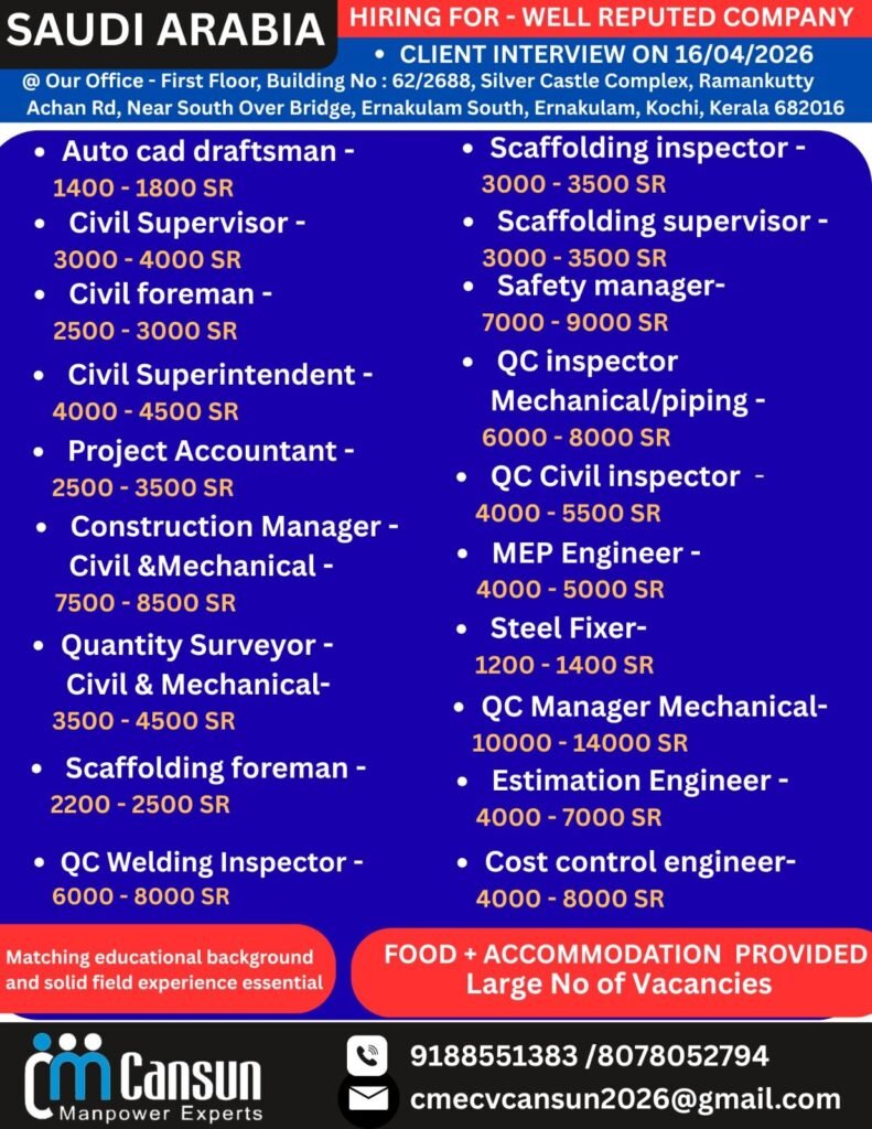 Urgent Hiring for Saudi Arabia – Multiple Engineering & Construction Jobs