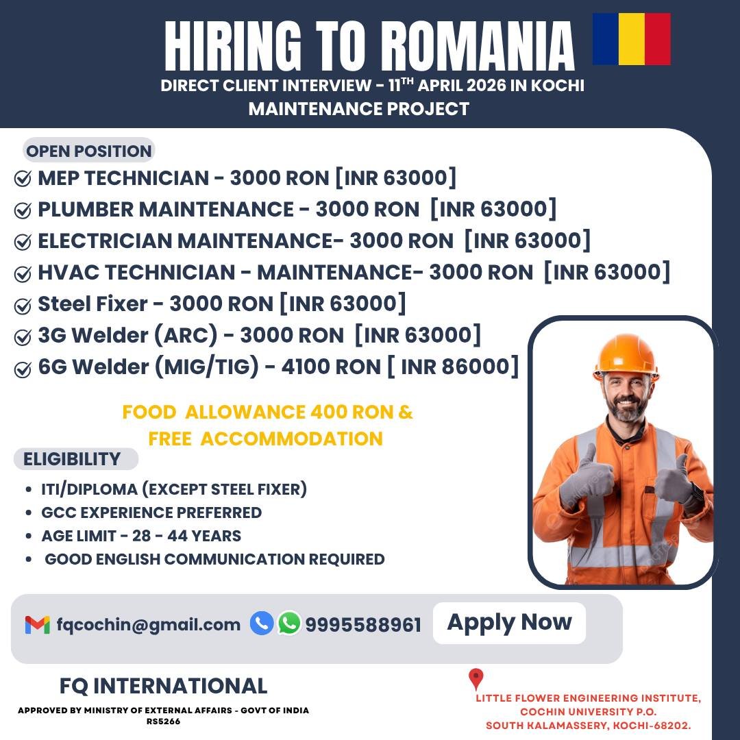 Romania Jobs 2026 – MEP, Electrician, Plumber & Welder Hiring