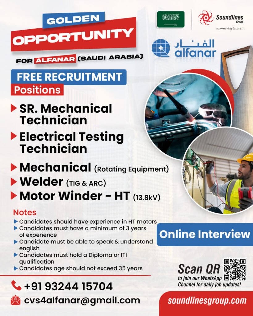 Free Recruitment For ALFANAR Saudi Arabia