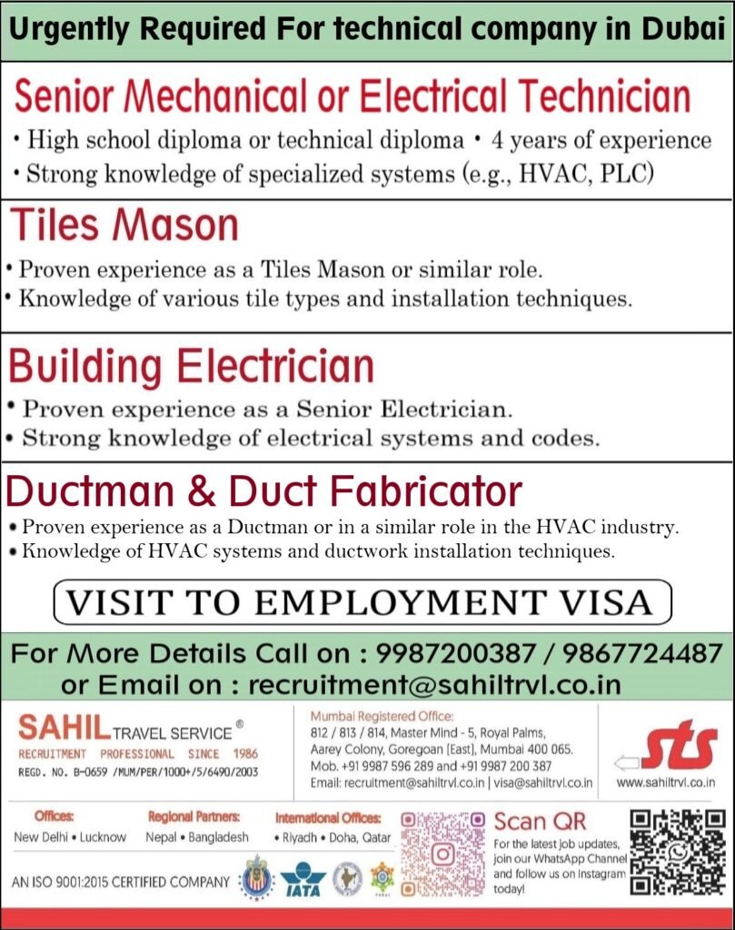 Hiring for Dubai– Reputed Technical company in Dubai Hiring for Dubai– Reputed Technical company in Dubai