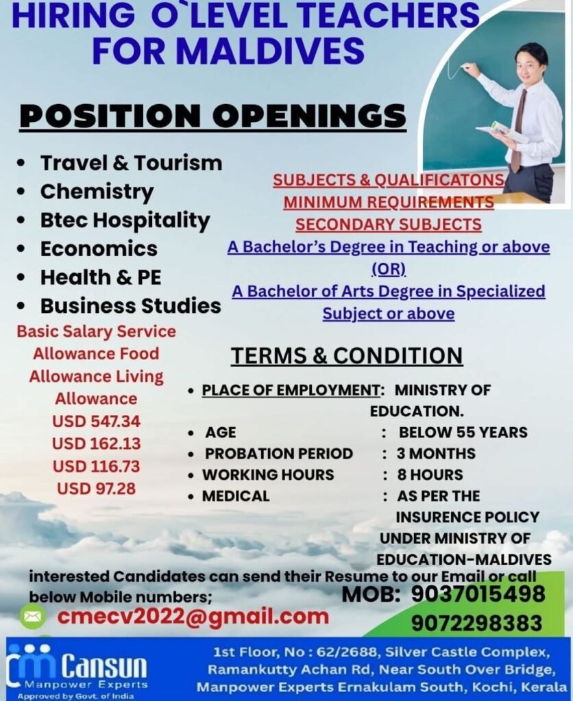 O Level Teacher Jobs in Maldives – Apply Now
