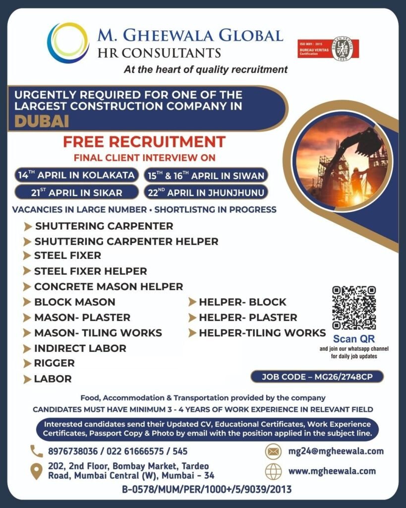 Construction Jobs in Dubai – Free Recruitment Opportunity